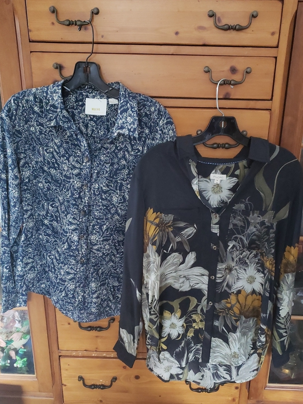 Anthropologie Pair Black Floral Button-Down Shirt And Blue Floral 4